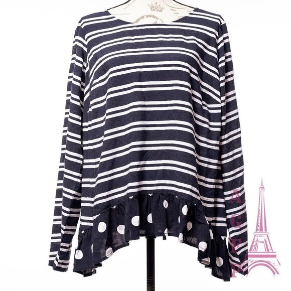 Crown Ivy striped Navy blouse top size 0X ruffle polka dot preppy  💖2/$30 - Picture 1 of 14